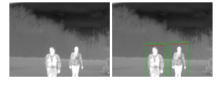 Extract from the paper, Figure 1. Detections in long wavelength IR imagery after training faster RCNN with RGB data with (left image) and without (right image) our extra mean squared error loss term.